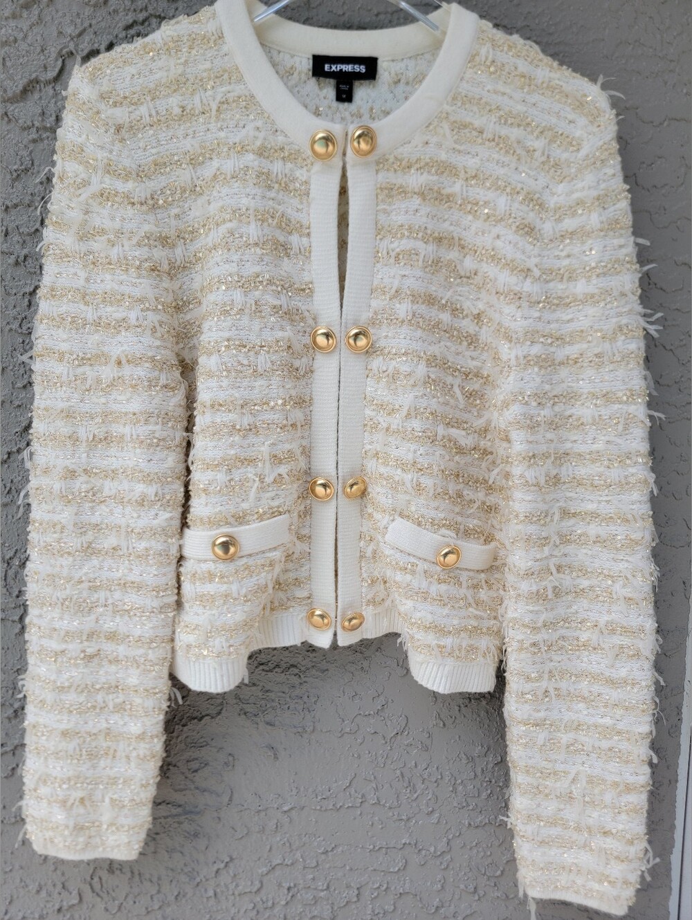 Express Cream Gold Metallic tweed Bouclé Knit Cardigan Jacket Medium clasp chic - Picture 3 of 13